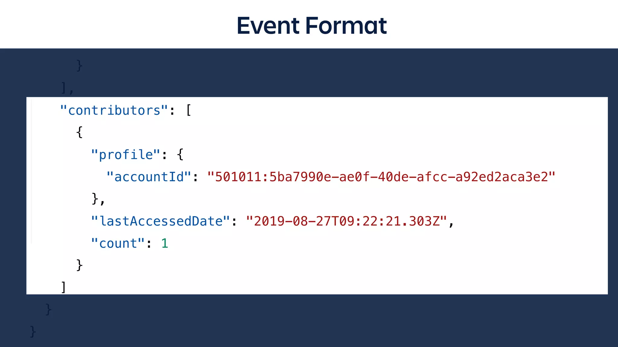 "product": "JIRA_SERVICE_DESK",
"cloudID": "158c8204-ff3b-47c2-adbb-a0906c00ffee",
"url": "https://product-fabric.atlassian.net/projects/AUT"
}
],
"contributors": [
{
"profile": {
"accountId": "501011:5ba7990e-ae0f-40de-afcc-a92ed2aca3e2"
},
"lastAccessedDate": "2019-08-27T09:22:21.303Z",
"count": 1
}
]
}
}
Event Format
 