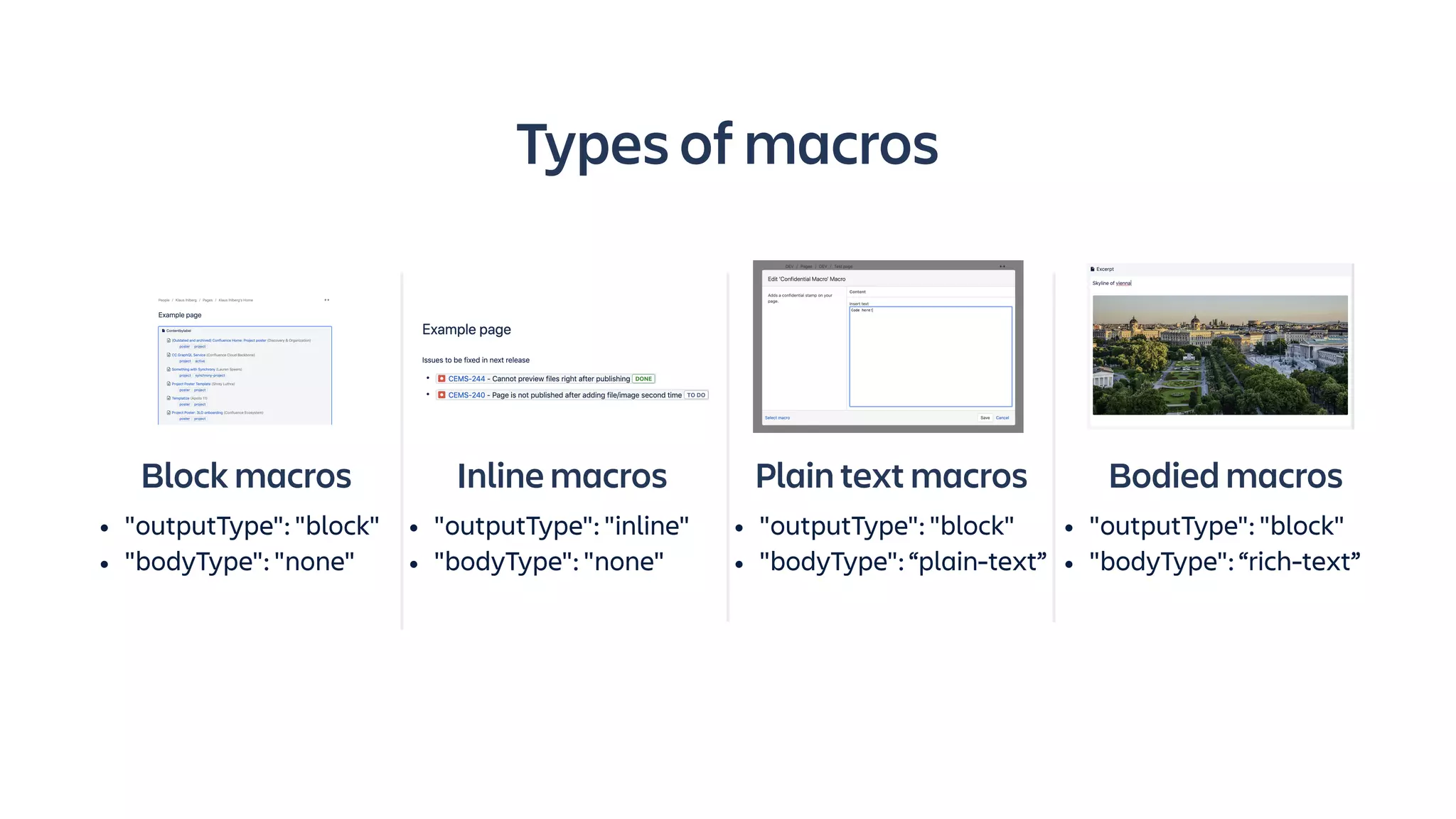 Block macros
• "outputType": "block"
• "bodyType": "none"
Inline macros
• "outputType": "inline"
• "bodyType": "none"
Plain text macros
• "outputType": "block"
• "bodyType": “plain-text”
Bodied macros
• "outputType": "block"
• "bodyType": “rich-text”
Types of macros
 
