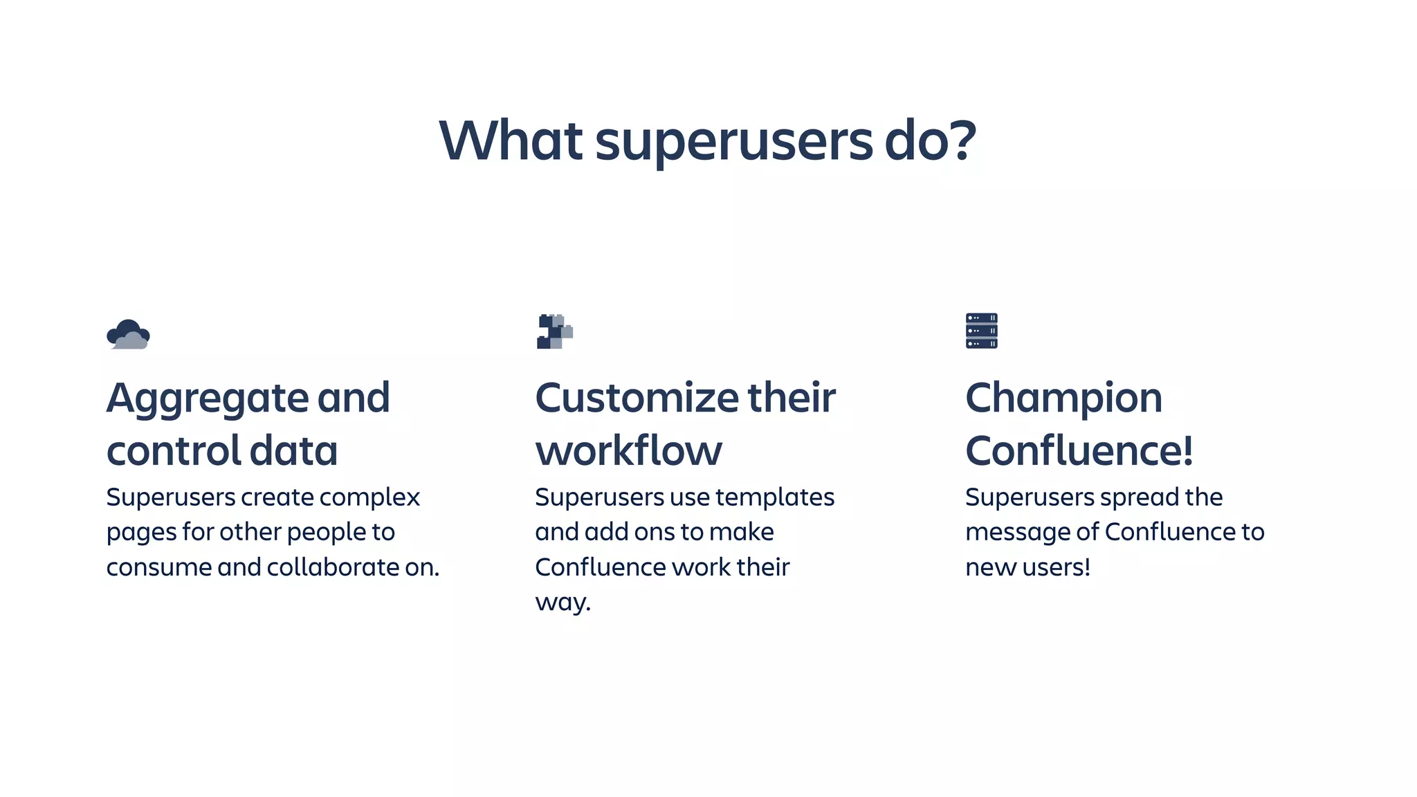 Aggregate and
control data
Superusers create complex
pages for other people to
consume and collaborate on.
Customize their
workflow
Superusers use templates
and add ons to make
Confluence work their
way.
Champion
Confluence!
Superusers spread the
message of Confluence to
new users!
What superusers do?
 