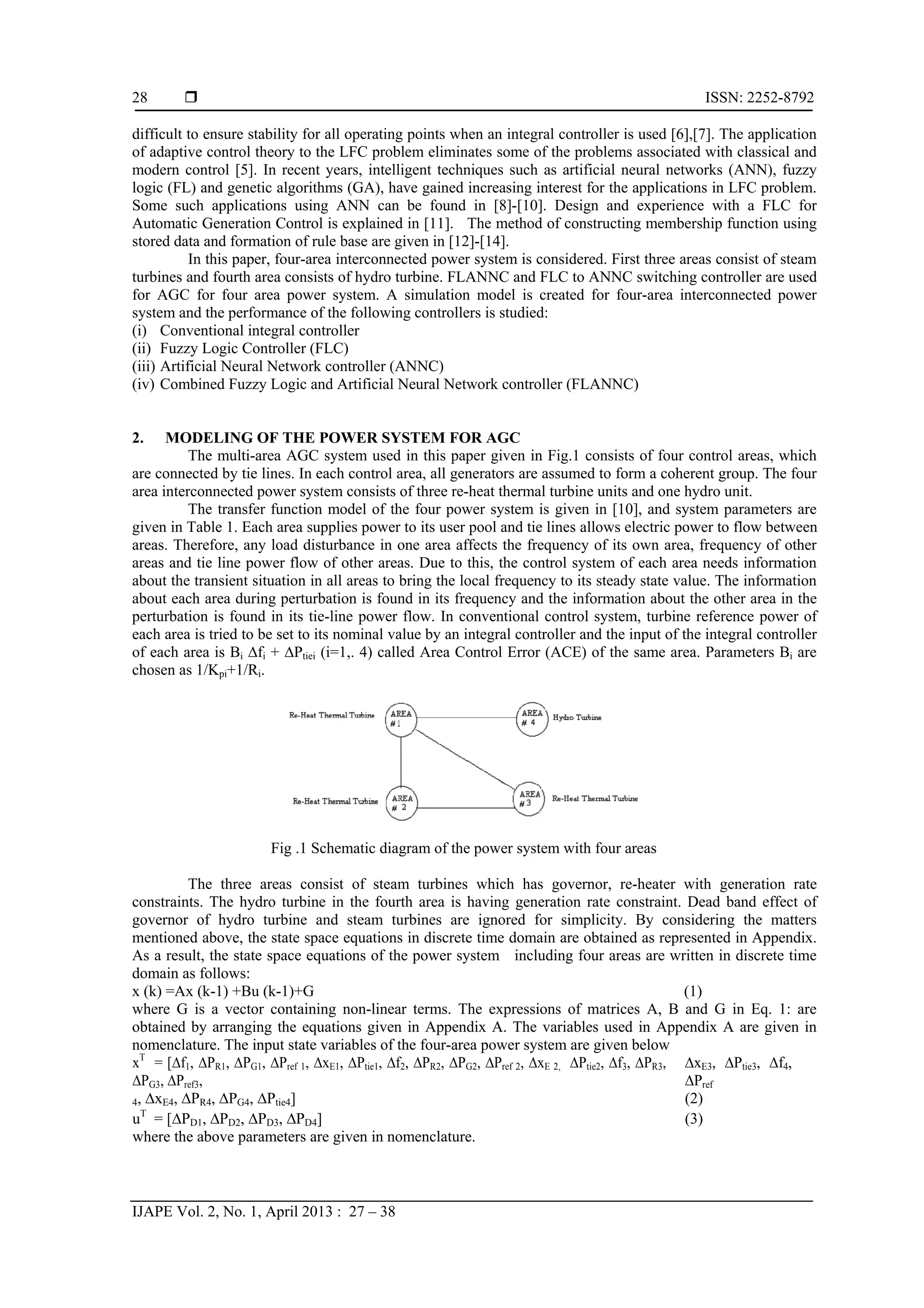  ISSN: 2252-8792 IJAPE Vol. 2, No. 1, April 2013 : 27 – 38 28 difficult to ensure stability for all operating points when an integral controller is used [6],[7]. The application of adaptive control theory to the LFC problem eliminates some of the problems associated with classical and modern control [5]. In recent years, intelligent techniques such as artificial neural networks (ANN), fuzzy logic (FL) and genetic algorithms (GA), have gained increasing interest for the applications in LFC problem. Some such applications using ANN can be found in [8]-[10]. Design and experience with a FLC for Automatic Generation Control is explained in [11]. The method of constructing membership function using stored data and formation of rule base are given in [12]-[14]. In this paper, four-area interconnected power system is considered. First three areas consist of steam turbines and fourth area consists of hydro turbine. FLANNC and FLC to ANNC switching controller are used for AGC for four area power system. A simulation model is created for four-area interconnected power system and the performance of the following controllers is studied: (i) Conventional integral controller (ii) Fuzzy Logic Controller (FLC) (iii) Artificial Neural Network controller (ANNC) (iv) Combined Fuzzy Logic and Artificial Neural Network controller (FLANNC) 2. MODELING OF THE POWER SYSTEM FOR AGC The multi-area AGC system used in this paper given in Fig.1 consists of four control areas, which are connected by tie lines. In each control area, all generators are assumed to form a coherent group. The four area interconnected power system consists of three re-heat thermal turbine units and one hydro unit. The transfer function model of the four power system is given in [10], and system parameters are given in Table 1. Each area supplies power to its user pool and tie lines allows electric power to flow between areas. Therefore, any load disturbance in one area affects the frequency of its own area, frequency of other areas and tie line power flow of other areas. Due to this, the control system of each area needs information about the transient situation in all areas to bring the local frequency to its steady state value. The information about each area during perturbation is found in its frequency and the information about the other area in the perturbation is found in its tie-line power flow. In conventional control system, turbine reference power of each area is tried to be set to its nominal value by an integral controller and the input of the integral controller of each area is Bi ∆fi + ∆Ptiei (i=1,. 4) called Area Control Error (ACE) of the same area. Parameters Bi are chosen as 1/Kpi+1/Ri. Fig .1 Schematic diagram of the power system with four areas The three areas consist of steam turbines which has governor, re-heater with generation rate constraints. The hydro turbine in the fourth area is having generation rate constraint. Dead band effect of governor of hydro turbine and steam turbines are ignored for simplicity. By considering the matters mentioned above, the state space equations in discrete time domain are obtained as represented in Appendix. As a result, the state space equations of the power system including four areas are written in discrete time domain as follows: x (k) =Ax (k-1) +Bu (k-1)+G (1) where G is a vector containing non-linear terms. The expressions of matrices A, B and G in Eq. 1: are obtained by arranging the equations given in Appendix A. The variables used in Appendix A are given in nomenclature. The input state variables of the four-area power system are given below xT = [∆f1, ∆PR1, ∆PG1, ∆Pref 1, ∆xE1, ∆Ptie1, ∆f2, ∆PR2, ∆PG2, ∆Pref 2, ∆xE 2, ∆Ptie2, ∆f3, ∆PR3, ∆PG3, ∆Pref3, ∆xE3, ∆Ptie3, ∆f4, ∆Pref 4, ∆xE4, ∆PR4, ∆PG4, ∆Ptie4] (2) uT = [∆PD1, ∆PD2, ∆PD3, ∆PD4] (3) where the above parameters are given in nomenclature. 