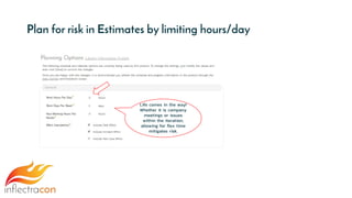 Plan for risk in Estimates by limiting hours/day
Life comes in the way!
Whether it is company
meetings or issues
within the iteration,
allowing for flex time
mitigates risk.
 