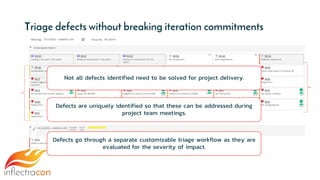 Triage defects without breaking iteration commitments
Not all defects identified need to be solved for project delivery.
Defects are uniquely identified so that these can be addressed during
project team meetings.
Defects go through a separate customizable triage workflow as they are
evaluated for the severity of impact.
 