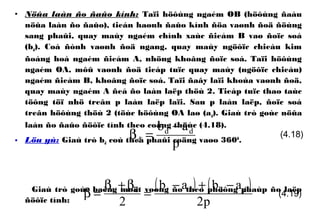 • Nöûa laàn ño ñaûo kính: Taïi höôùng ngaém OB (höôùng ñaàu
nöûa laàn ño ñaûo), tieán haønh ñaûo kính ñöa vaønh ñoä ñöùng
sang phaûi, quay maùy ngaém chính xaùc ñieåm B vaø ñoïc soá
(bd). Coá ñònh vaønh ñoä ngang, quay maùy ngöôïc chieàu kim
ñoàng hoà ngaém ñieåm A, nhöng khoâng ñoïc soá. Taïi höôùng
ngaém OA, môû vaønh ñoä tieáp tuïc quay maùy (ngöôïc chieàu)
ngaém ñieåm B, khoâng ñoïc soá. Taïi ñaây laïi khoùa vaønh ñoä,
quay maùy ngaém A ñeå ño laàn laëp thöù 2. Tieáp tuïc thao taùc
töông töï nhö treân p laàn laëp laïi. Sau p laàn laëp, ñoïc soá
treân höôùng thöù 2 (töùc höôùng OA laø (ad). Giaù trò goùc nöûa
laàn ño ñaûo ñöôïc tính theo coâng thöùc (4.18).
• Löu yù: Giaù trò bd coù theå phaûi coäng vaøo 3600
.
Giaù trò goùc baèng moät voøng ño theo phöông phaùp ño laëp
ñöôïc tính:
p
ab dd
d
−
=β (4.18)
( ) ( )
p2
abab
2
ddttdt −+−
=
β+β
=β (4.19)
 