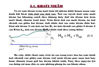5.1. KHAÙI NIEÄM5.1. KHAÙI NIEÄM
Vò trí caùc ñieåm treân maët ñaát töï nhieân ñöôïc hoaøn toaøn xaùc
ñònh khi bieát toïa ñoä vaø ñoä cao. Ñoä cao tuyeät ñoái cuûa moät
ñieåm laø khoaûng caùch theo ñöôøng daây doïi töø ñieåm ñoù ñeán
maët thuûy chuaån traùi ñaát. Neáu bieát ñoä cao moät ñieåm, ño ñoä
cheânh cao giöõa hai ñieåm, tính ñöôïc ñoä cao cuûa ñieåm thöù hai.
Giaû söû ñieåm A coù ñoä cao laø HA, ño ñoä cheânh cao giöõa 2 ñieåm A
vaø B laø hAB, ñoä cao ñieåm B (HB) ñöôïc tính theo coâng thöùc:
Do vaäy, thöïc chaát cuûa vieäc ño cao trong traéc ñòa laø xaùc ñònh
ñoä cheânh cao giöõa caùc ñieåm vôùi moät ñieåm goác naøo ñoù laáy
laøm chuaån (coøn goïi laø ñieåm khôûi tính). Tuøy theo nguyeân lyù
vaø duïng cuï maø chia ra caùc phöông phaùp ño cao khaùc nhau.
ABAB hHH +=A
B
HA
hAB
HB
(Maët thuûy chuaån
goác)
(5.1)
 