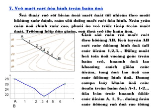 7. Veõ maët caét ñòa hình treân baûn ñoà
Ñeå thaáy roõ söï bieán ñoåi maët ñaát töï nhieân theo moät
höôùng xaùc ñònh, caàn söû duïng maët caét ñòa hình. Neáu yeâu
caàu ñoä chính xaùc cao, phaûi ño veõ tröïc tieáp treân maët
ñaát. Tröôøng hôïp ñôn giaûn, coù theå veõ töø baûn ñoà.
4
A
B
1
2
3
5
6
28
26
24
22
20
28
26
24
22
A 1 2 3 4 5 6
B
Giaû söû caàn veõ maët caét
theo höôùng AB. Keû tuyeán AB
caét caùc ñöôøng bình ñoä taïi
caùc ñieåm 1,2,3… Döïng moät
heä toïa ñoä vuoâng goùc treân
baûn veõ, hoaønh ñoä laø
khoaûng caùch giöõa caùc
ñieåm, tung ñoä laø ñoä cao
caùc ñöôøng bình ñoä. Duøng
compa laáy khaåu ñoä caùc
ñoaïn treân baûn ñoà A-1, 1-2…
ñöa leân truïc hoaønh ñöôïc
caùc ñieåm A, 1, 2… doùng ñeán
caùc ñöôøng coù ñoä cao töông
 