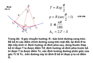 2
.
θ
tgRT =
)1
2
.(sec −=
θ
Rp
180
π
.θ
R
S =
STd −=∆ .2
(10.10)
Trong đó: θ góc chuyển hướng; R - bán kính đường cong tròn.
Để bố trí các điểm chính đường cong trên mặt đất, tại đỉnh Đ ta
đặt mắy kinh vĩ. Định hướng về đỉnh phía sau, dùng thước thép
bố trí đoạn T ta được điểm Tđ; định hướng về đỉnh phía trước bố
trí đoạn T ta được điểm Tc; xác định hướng đường phân giác của
góc Tđ Đ Tc , trên đường này từ đỉnh Đ bố trí đoạn p ta có điểm
G.
Hình
10.11
 