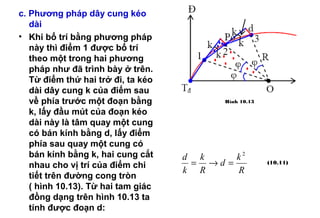 c. Phương pháp dây cung kéo
dài
• Khi bố trí bằng phương pháp
này thì điểm 1 được bố trí
theo một trong hai phương
pháp như đã trình bày ở trên.
Từ điểm thứ hai trở đi, ta kéo
dài dây cung k của điểm sau
về phía trước một đoạn bằng
k, lấy đầu mút của đoạn kéo
dài này là tâm quay một cung
có bán kính bằng d, lấy điểm
phía sau quay một cung có
bán kính bằng k, hai cung cắt
nhau cho vị trí của điểm chi
tiết trên đường cong tròn
( hình 10.13). Từ hai tam giác
đồng dạng trên hình 10.13 ta
tính được đoạn d:
R
k
d
R
k
k
d 2
=→=
Hình 10.13
(10.11)
 