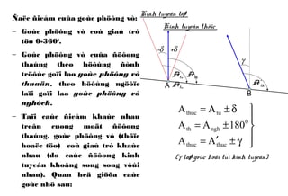 Ñaëc ñieåm cuûa goùc phöông vò:
− Goùc phöông vò coù giaù trò
töø 0-3600
.
− Goùc phöông vò cuûa ñöôøng
thaúng theo höôùng ñònh
tröôùc goïi laø goùc phöông vò
thuaän, theo höôùng ngöôïc
laïi goïi laø goùc phöông vò
nghòch.
− Taïi caùc ñieåm khaùc nhau
treân cuøng moät ñöôøng
thaúng, goùc phöông vò (thöïc
hoaëc töø) coù giaù trò khaùc
nhau (do caùc ñöôøng kinh
tuyeán khoâng song song vôùi
nhau). Quan heä giöõa caùc
goùc nhö sau:
Kinh tuyeán töø
Kinh tuyeán thöïc
Atu Ath
Atu
-δ +δ
γ
A’thA
B





γ±′=
±=
δ±=
thucthuc
0
nghth
tuthuc
AA
180AA
AA
(γ laø goùc hoäi tuï kinh tuyeán)
 