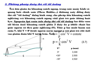 3. Phöông phaùp daây thò cöï töï ñoäng
Ñeå ñôn giaûn ño khoaûng caùch ngang, trong caùc maùy kinh vó
quang hoïc chính xaùc (Theo; Dahlta…) thöôøng xaây döïng daây
thò cöï “töï ñoäng” daïng hình cung, cho pheùp ñöa khoaûng caùch
nghieâng veà khoaûng caùch ngang vôùi giaù trò goùc ñöùng baát
kyø. Nguyeân lyù caáu taïo daây thò cöï töï ñoäng laø döïa vaøo
söï bieán ñoåi khoaûng caùch giöõa 2 daây ño p (thöïc chaát laø
goùc ngaém α) theo goùc nghieâng (V). Töùc p laø moät haøm soá
cuûa V, khi V = 00
(truïc ngaém naèm ngang) p coù giaù trò cöïc ñaïi
vaø giaûm daàn khi V taêng leân. Ñaët:
n
B
A
α
V
S
consteVcos
p
f
k 2
==
Vcos
k
f
p 2
=
V0
p (mm)
00
3,348
+300
2,500
−300
2,522
(3.7)
 
