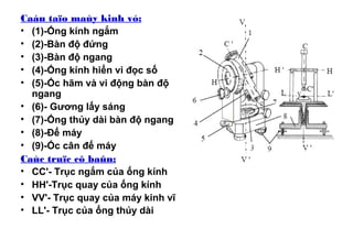 Caáu taïo maùy kinh vó:
• (1)-Ống kính ngắm
• (2)-Bàn độ đứng
• (3)-Bàn độ ngang
• (4)-Ống kính hiển vi đọc số
• (5)-Ốc hãm và vi động bàn độ
ngang
• (6)- Gương lấy sáng
• (7)-Ống thủy dài bàn độ ngang
• (8)-Đế máy
• (9)-Ốc cân đế máy
Caùc truïc cô baûn:
• CC'- Trục ngắm của ống kính
• HH'-Trục quay của ống kính
• VV'- Trục quay của máy kinh vĩ
• LL'- Trục của ống thủy dài
 