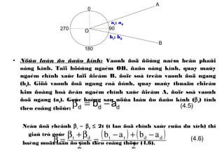 • Nöûa laàn ño ñaûo kính: Vaønh ñoä ñöùng naèm beân phaûi
oáng kính. Taïi höôùng ngaém OB, ñaûo oáng kính, quay maùy
ngaém chính xaùc laïi ñieåm B, ñoïc soá treân vaønh ñoä ngang
(bd). Giöõ vaønh ñoä ngang coá ñònh, quay maùy thuaän chieàu
kim ñoàng hoà ñeán ngaém chính xaùc ñieåm A, ñoïc soá vaønh
ñoä ngang (ad). Goùc baèng sau nöûa laàn ño ñaûo kính (βd) tính
theo coâng thöùc:
Neáu ñoä cheânh βt − βd ≤ 2t (t laø ñoä chính xaùc cuûa du xích) thì
giaù trò goùc
baèng moät laàn ño tính theo coâng thöùc (4.6).
0
90
180
270 O
A
B
at; ad
bt; bd
ddd ab −=β (4.5)
( ) ( )
2
abab
2
ddttdt −+−
=
β+β
=β (4.6)
 