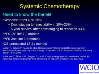 Systemic ChemotherapySystemic Chemotherapy
Need to know the benefitNeed to know the benefit
•Response rates 40%-60%Response rates 40%-60%
– Downstaging to resectability in 20%-25%!Downstaging to resectability in 20%-25%!
– 5-year survival after downstaging to resection 33%!!5-year survival after downstaging to resection 33%!!
•PFS 1st-line 7-9 monthsPFS 1st-line 7-9 months
•PFS 2nd-line 3-5 monthsPFS 2nd-line 3-5 months
•OS unresected 18-21 monthsOS unresected 18-21 months
•Adam R, Delvart V, Pascal G, et al: Rescue surgery for unresectable colorectal liverAdam R, Delvart V, Pascal G, et al: Rescue surgery for unresectable colorectal liver
metastases down-staged by chemotherapy: A model to predict long-term survival. Ann Surgmetastases down-staged by chemotherapy: A model to predict long-term survival. Ann Surg
240:644-657, 2004240:644-657, 2004
•Delaunoit T, Alberts SR, Sargent DJ, et al: Chemotherapy permits resection of metastaticDelaunoit T, Alberts SR, Sargent DJ, et al: Chemotherapy permits resection of metastatic
colorectal cancer: Experience from Intergroup N9741. Ann Oncol 16:425-429, 2005colorectal cancer: Experience from Intergroup N9741. Ann Oncol 16:425-429, 2005
 