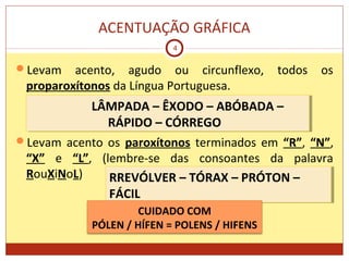 ACENTUAÇÃO GRÁFICA
4
Levam acento, agudo ou circunflexo, todos os
proparoxítonos da Língua Portuguesa.
Levam acento os paroxítonos terminados em “R”, “N”,
“X” e “L”, (lembre-se das consoantes da palavra
RouXiNoL)
LÂMPADA – ÊXODO – ABÓBADA –
RÁPIDO – CÓRREGO
LÂMPADA – ÊXODO – ABÓBADA –
RÁPIDO – CÓRREGO
RREVÓLVER – TÓRAX – PRÓTON –
FÁCIL
RREVÓLVER – TÓRAX – PRÓTON –
FÁCIL
CUIDADO COM
PÓLEN / HÍFEN = POLENS / HIFENS
 