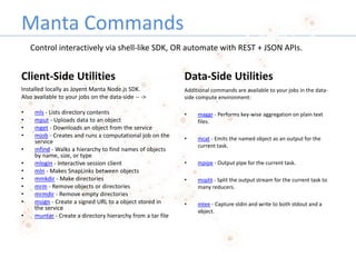 Manta Commands
Client-Side Utilities
Installed locally as Joyent Manta Node.js SDK.
Also available to your jobs on the dat...