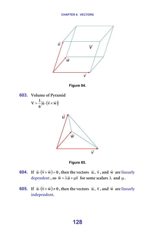 CHAPTER 6. VECTORS
128
============ =
=
Figure 84.
=
603. sçäìãÉ=çÑ=móê~ãáÇ=
( )
ï
î
ì
S
N
s
r
r
r
×
⋅
= =
=
=
=
Figure 85.
=
604. fÑ== ( ) M
ï
î
ì =
×
⋅
r
r
r
I=íÜÉå=íÜÉ=îÉÅíçêë==ì
r
I= î
r
I=~åÇ= ï
r
=~êÉ=äáåÉ~êäó=
ÇÉéÉåÇÉåí=I=ëç= î
ì
ï
r
r
r
µ
+
λ
= =Ñçê=ëçãÉ=ëÅ~ä~êë=λ =~åÇ=µK==
=
605. fÑ== ( ) M
ï
î
ì ≠
×
⋅
r
r
r
I=íÜÉå=íÜÉ=îÉÅíçêë==ì
r
I= î
r
I=~åÇ= ï
r
=~êÉ=äáåÉ~êäó=
áåÇÉéÉåÇÉåíK=
=
 
