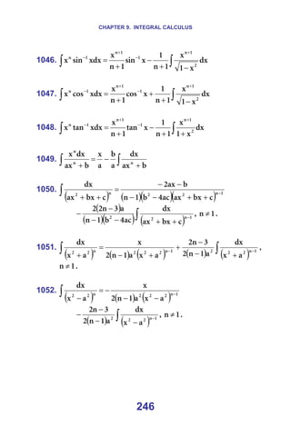CHAPTER 9. INTEGRAL CALCULUS
246
1046. ∫
∫ −
+
−
+
=
+
−
+
−
Çñ
ñ
N
ñ
N
å
N
ñ
ëáå
N
å
ñ
ñÇñ
ëáå
ñ
O
N
å
N
N
å
N
å
=
=
1047. ∫
∫ −
+
+
+
=
+
−
+
−
Çñ
ñ
N
ñ
N
å
N
ñ
Åçë
N
å
ñ
ñÇñ
Åçë
ñ
O
N
å
N
N
å
N
å
=
=
1048. ∫
∫ +
+
−
+
=
+
−
+
−
Çñ
ñ
N
ñ
N
å
N
ñ
í~å
N
å
ñ
ñÇñ
í~å
ñ O
N
å
N
N
å
N
å
=
=
1049. ∫
∫ +
−
=
+ Ä
~ñ
Çñ
~
Ä
~
ñ
Ä
~ñ
Çñ
ñ
å
å
å
=
=
1050.
( ) ( )( )( ) N
å
O
O
å
O
Å
Äñ
~ñ
~Å
Q
Ä
N
å
Ä
~ñ
O
Å
Äñ
~ñ
Çñ
−
+
+
−
−
−
−
=
+
+
∫ =
( )
( )( ) ( )
∫ −
+
+
−
−
−
− N
å
O
O
Å
Äñ
~ñ
Çñ
~Å
Q
Ä
N
å
~
P
å
O
O
I= N
å ≠ K=
=
1051.
( ) ( ) ( ) ( ) ( )
I
~
ñ
Çñ
~
N
å
O
P
å
O
~
ñ
~
N
å
O
ñ
~
ñ
Çñ
N
å
O
O
O
N
å
O
O
O
å
O
O ∫
∫ −
−
+
−
−
+
+
−
=
+
N
å ≠ K=
=
1052.
( ) ( ) ( ) N
å
O
O
O
å
O
O
~
ñ
~
N
å
O
ñ
~
ñ
Çñ
−
−
−
−
=
−
∫ =
( ) ( )
∫ −
−
−
−
− N
å
O
O
O
~
ñ
Çñ
~
N
å
O
P
å
O
I= N
å ≠ K=
=
=
=
=
=
 