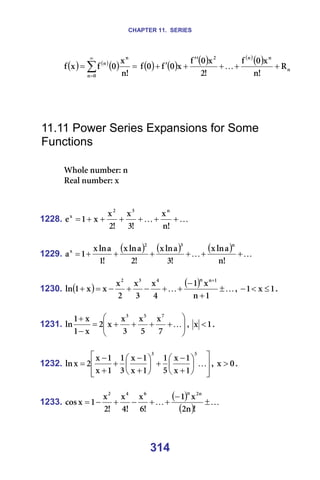 CHAPTER 11. SERIES
314
( ) ( )
( ) ( ) ( ) ( ) ( )
( )
å
å
å
O
M
å
å
å
o
>
å
ñ
M
Ñ
>
O
ñ
M
Ñ
ñ
M
Ñ
M
Ñ
>
å
ñ
M
Ñ
ñ
Ñ +
+
+
′
′
+
′
+
=
= ∑
∞
=
K
=
=
=
=
11.11 Power Series Expansions for Some
Functions
=
tÜçäÉ=åìãÄÉêW=å=
oÉ~ä=åìãÄÉêW=ñ=
=
=
1228. K
K +
+
+
+
+
+
=
>
å
ñ
>
P
ñ
>
O
ñ
ñ
N
É
å
P
O
ñ
=
=
1229.
( ) ( ) ( ) K
K +
+
+
+
+
+
=
>
å
~
äå
ñ
>
P
~
äå
ñ
>
O
~
äå
ñ
>
N
~
äå
ñ
N
~
å
P
O
ñ
=
=
1230. ( ) ( ) K
K ±
+
−
+
+
−
+
−
=
+
+
N
å
ñ
N
Q
ñ
P
ñ
O
ñ
ñ
ñ
N
äå
N
å
å
Q
P
O
I= N
ñ
N ≤
<
− K=
=
1231. 







+
+
+
+
=
−
+
K
T
ñ
R
ñ
P
ñ
ñ
O
ñ
N
ñ
N
äå
T
R
P
I= N
ñ < K=
=
1232.














+
−
+






+
−
+
+
−
= K
R
P
N
ñ
N
ñ
R
N
N
ñ
N
ñ
P
N
N
ñ
N
ñ
O
ñ
äå I= M
ñ > K=
=
1233.
( )
( )
K
K ±
−
+
+
−
+
−
=
>
å
O
ñ
N
>
S
ñ
>
Q
ñ
>
O
ñ
N
ñ
Åçë
å
O
å
S
Q
O
=
=
 