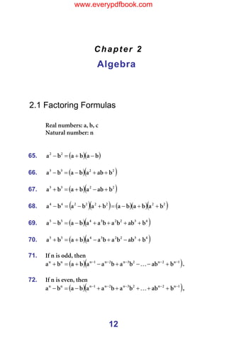 12
Chapter 2
Algebra
=
=
=
=
2.1 Factoring Formulas
=
oÉ~ä=åìãÄÉêëW=~I=ÄI=Å==
k~íìê~ä=åìãÄÉêW=å=
=
=
65. ( )( )
Ä
~
Ä
~
Ä
~ O
O
−
+
=
− =
=
66. ( )( )
O
O
P
P
Ä
~Ä
~
Ä
~
Ä
~ +
+
−
=
− =
=
67. ( )( )
O
O
P
P
Ä
~Ä
~
Ä
~
Ä
~ +
−
+
=
+ =
=
68. ( )( ) ( )( )( )
O
O
O
O
O
O
Q
Q
Ä
~
Ä
~
Ä
~
Ä
~
Ä
~
Ä
~ +
+
−
=
+
−
=
− =
=
69. ( )( )
Q
P
O
O
P
Q
R
R
Ä
~Ä
Ä
~
Ä
~
~
Ä
~
Ä
~ +
+
+
+
−
=
− =
=
70. ( )( )
Q
P
O
O
P
Q
R
R
Ä
~Ä
Ä
~
Ä
~
~
Ä
~
Ä
~ +
−
+
−
+
=
+ =
=
71. fÑ=å=áë=çÇÇI=íÜÉå=
( )( )
N
å
O
å
O
P
å
O
å
N
å
å
å
Ä
~Ä
Ä
~
Ä
~
~
Ä
~
Ä
~ −
−
−
−
−
+
−
−
+
−
+
=
+ K K==
=
72. fÑ=å=áë=ÉîÉåI=íÜÉå==
( )( )
N
å
O
å
O
P
å
O
å
N
å
å
å
Ä
~Ä
Ä
~
Ä
~
~
Ä
~
Ä
~ −
−
−
−
−
+
+
+
+
+
−
=
− K I==
www.everypdfbook.com
 
