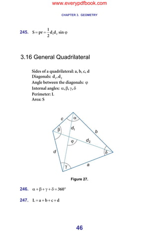 CHAPTER 3. GEOMETRY
46
245. ϕ
=
= ëáå
Ç
Ç
O
N
éê
p O
N =
=
=
=
3.16 General Quadrilateral
=
páÇÉë=çÑ=~=èì~Çêáä~íÉê~äW=~I=ÄI=ÅI=Ç=
aá~Öçå~äëW= O
N Ç
I
Ç =
^åÖäÉ=ÄÉíïÉÉå=íÜÉ=Çá~Öçå~äëW=ϕ =
fåíÉêå~ä=~åÖäÉëW= δ
γ
β
α I
I
I =
mÉêáãÉíÉêW=i=
^êÉ~W=p=
=
=
======= =
=
Figure 27.
=
246. °
=
δ
+
γ
+
β
+
α PSM =
=
247. Ç
Å
Ä
~
i +
+
+
= =
=
www.everypdfbook.com
 