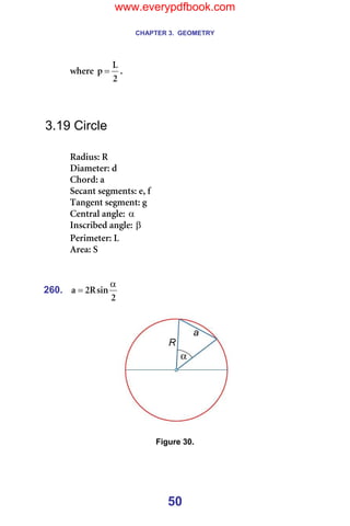 CHAPTER 3. GEOMETRY
50
ïÜÉêÉ=
O
i
é = K==
=
=
=
3.19 Circle
=
o~ÇáìëW=o=
aá~ãÉíÉêW=Ç=
`ÜçêÇW=~=
pÉÅ~åí=ëÉÖãÉåíëW=ÉI=Ñ=
q~åÖÉåí=ëÉÖãÉåíW=Ö=
`Éåíê~ä=~åÖäÉW=α =
fåëÅêáÄÉÇ=~åÖäÉW=β =
mÉêáãÉíÉêW=i=
^êÉ~W=p=
=
=
260.
O
ëáå
o
O
~
α
= =
=
=
=
Figure 30.
=
www.everypdfbook.com
 