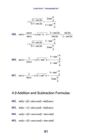 CHAPTER 4. TRIGONOMETRY
91
=
O
í~å
N
O
í~å
O
O
Åçë
N
O
Åçë
N
O α
+
α
=
α
+
α
−
±
= =
=
399.
α
−
α
=
α
α
+
=
−
α
±
=
α
α
=
α
O
Åçë
N
O
ëáå
O
ëáå
O
Åçë
N
N
ÅëÅ
ëáå
Åçë
Åçí O
=
=
O
í~å
O
O
í~å
N
O
Åçë
N
O
Åçë
N
O
α
α
−
=
α
−
α
+
±
= =
=
400.
O
í~å
N
O
í~å
N
í~å
N
Åçë
N
ëÉÅ
O
O
O
α
−
α
+
=
α
+
±
=
α
=
α =
=
401.
O
í~å
O
O
í~å
N
Åçí
N
ëáå
N
ÅëÅ
O
O
α
α
+
=
α
+
±
=
α
=
α =
=
=
=
4.9 Addition and Subtraction Formulas
=
402. ( ) α
β
+
β
α
=
β
+
α Åçë
ëáå
Åçë
ëáå
ëáå =
=
403. ( ) α
β
−
β
α
=
−
α Åçë
ëáå
Åçë
ëáå
ó
ëáå =
=
404. ( ) β
α
−
β
α
=
β
+
α ëáå
ëáå
Åçë
Åçë
Åçë =
=
405. ( ) β
α
+
β
α
=
β
−
α ëáå
ëáå
Åçë
Åçë
Åçë =
 