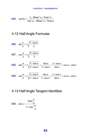 CHAPTER 4. TRIGONOMETRY
94
425.
α
+
α
−
α
α
+
α
−
=
α
í~å
R
í~å
NM
í~å
í~å
R
í~å
NM
N
R
Åçí P
R
Q
O
=
=
=
=
4.12 Half Angle Formulas
=
426.
O
Åçë
N
O
ëáå
α
−
±
=
α
=
=
427.
O
Åçë
N
O
Åçë
α
+
±
=
α
=
=
428. α
−
α
=
α
α
−
=
α
+
α
=
α
+
α
−
±
=
α
Åçí
ÅëÅ
ëáå
Åçë
N
Åçë
N
ëáå
Åçë
N
Åçë
N
O
í~å =
=
429. α
+
α
=
α
α
+
=
α
−
α
=
α
−
α
+
±
=
α
Åçí
ÅëÅ
ëáå
Åçë
N
Åçë
N
ëáå
Åçë
N
Åçë
N
O
Åçí =
=
=
=
4.13 Half Angle Tangent Identities
=
430.
O
í~å
N
O
í~å
O
ëáå
O α
+
α
=
α =
=
 