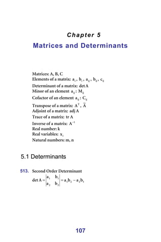 107
Chapter 5
Matrices and Determinants
=
=
=
=
j~íêáÅÉëW=^I=_I=`=
bäÉãÉåíë=çÑ=~=ã~íêáñW= á
~ I= á
Ä I= áà
~ I= áà
Ä I= áà
Å =
aÉíÉêãáå~åí=çÑ=~=ã~íêáñW= ^
ÇÉí =
jáåçê=çÑ=~å=ÉäÉãÉåí= áà
~ W= áà
j =
`çÑ~Åíçê=çÑ=~å=ÉäÉãÉåí= áà
~ W= áà
` =
qê~åëéçëÉ=çÑ=~=ã~íêáñW= q
^ I= ^
ú
=
^Çàçáåí=çÑ=~=ã~íêáñW= ^
~Çà =
qê~ÅÉ=çÑ=~=ã~íêáñW= ^
íê =
fåîÉêëÉ=çÑ=~=ã~íêáñW= N
^−
=
oÉ~ä=åìãÄÉêW=â=
oÉ~ä=î~êá~ÄäÉëW= á
ñ =
k~íìê~ä=åìãÄÉêëW=ãI=å===
=
=
5.1 Determinants
=
513. pÉÅçåÇ=lêÇÉê=aÉíÉêãáå~åí=
N
O
O
N
O
O
N
N
Ä
~
Ä
~
Ä
~
Ä
~
^
ÇÉí −
=
= =
=
=
=
=
=
 