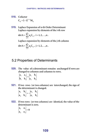 CHAPTER 5. MATRICES AND DETERMINANTS
109
518. `çÑ~Åíçê=
( ) áà
à
á
áà j
N
`
+
−
= =
=
519. i~éä~ÅÉ=bñé~åëáçå=çÑ=å-íÜ=lêÇÉê=aÉíÉêãáå~åí=
i~éä~ÅÉ=Éñé~åëáçå=Äó=ÉäÉãÉåíë=çÑ=íÜÉ=á-íÜ=êçï=
∑
=
=
å
N
à
áà
áà`
~
^
ÇÉí I= å
I
I
O
I
N
á K
= K=
i~éä~ÅÉ=Éñé~åëáçå=Äó=ÉäÉãÉåíë=çÑ=íÜÉ=à-íÜ=Åçäìãå=
∑
=
=
å
N
á
áà
áà`
~
^
ÇÉí I= å
I
I
O
I
N
à K
= K==
=
=
=
5.2 Properties of Determinants
=
520. qÜÉ==î~äìÉ==çÑ=~=ÇÉíÉêãáå~åí=êÉã~áåë==ìåÅÜ~åÖÉÇ=áÑ=êçïë=~êÉ=
ÅÜ~åÖÉÇ=íç=Åçäìãåë=~åÇ=Åçäìãåë=íç=êçïëK=
=
O
O
N
N
O
N
O
N
Ä
~
Ä
~
Ä
Ä
~
~
= ==
=
521. fÑ=íïç==êçïë==Eçê=íïç=ÅçäìãåëF=~êÉ==áåíÉêÅÜ~åÖÉÇI=íÜÉ=ëáÖå=çÑ=
íÜÉ=ÇÉíÉêãáå~åí=áë=ÅÜ~åÖÉÇK=
N
N
O
O
O
O
N
N
Ä
~
Ä
~
Ä
~
Ä
~
−
= =
=
522. fÑ=íïç=êçïë==Eçê=íïç=ÅçäìãåëF=~êÉ==áÇÉåíáÅ~äI=íÜÉ=î~äìÉ=çÑ=íÜÉ=
ÇÉíÉêãáå~åí=áë=òÉêçK=
M
~
~
~
~
O
O
N
N
= =
=
 