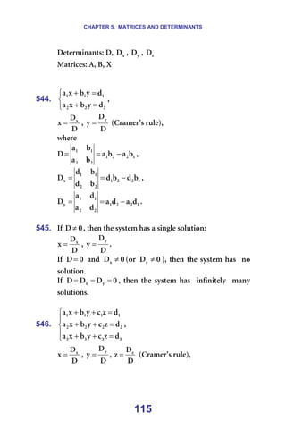 CHAPTER 5. MATRICES AND DETERMINANTS
115
aÉíÉêãáå~åíëW=aI= ñ
a I= ó
a I= ò
a ==
j~íêáÅÉëW=^I=_I=u=
=
=
544.



=
+
=
+
O
O
O
N
N
N
Ç
ó
Ä
ñ
~
Ç
ó
Ä
ñ
~
I==
a
a
ñ ñ
= I=
a
a
ó
ó
= =E`ê~ãÉê∞ë=êìäÉFI==
ïÜÉêÉ==
N
O
O
N
O
O
N
N
Ä
~
Ä
~
Ä
~
Ä
~
a −
=
= I==
N
O
O
N
O
O
N
N
ñ Ä
Ç
Ä
Ç
Ä
Ç
Ä
Ç
a −
=
= I==
N
O
O
N
O
O
N
N
ó Ç
~
Ç
~
Ç
~
Ç
~
a −
=
= K==
=
545. fÑ= M
a ≠ I=íÜÉå=íÜÉ=ëóëíÉã=Ü~ë=~=ëáåÖäÉ=ëçäìíáçåW==
a
a
ñ ñ
= I=
a
a
ó
ó
= K=
fÑ= M
a = =~åÇ= M
añ ≠ Eçê= M
aó ≠ FI=íÜÉå=íÜÉ=ëóëíÉã=Ü~ë==åç==
ëçäìíáçåK=
fÑ= M
a
a
a ó
ñ =
=
= I= íÜÉå= íÜÉ= ëóëíÉã= Ü~ë= = áåÑáåáíÉäó= = ã~åó==
ëçäìíáçåëK=
=
546.





=
+
+
=
+
+
=
+
+
P
P
P
P
O
O
O
O
N
N
N
N
Ç
ò
Å
ó
Ä
ñ
~
Ç
ò
Å
ó
Ä
ñ
~
=
Ç
ò
Å
ó
Ä
ñ
~
I==
a
a
ñ ñ
= I=
a
a
ó
ó
= I=
a
a
ò ò
= =E`ê~ãÉê∞ë=êìäÉFI==
=
 