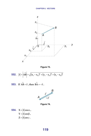 CHAPTER 6. VECTORS
119
======= =
=
Figure 73.
=
552. ( ) ( ) ( )O
M
N
O
M
N
O
M
N ò
ò
ó
ó
ñ
ñ
^_
ê −
+
−
+
−
=
=
→
r
=
=
553. fÑ= ê
^_
r
=
→
I=íÜÉå= ê
_^
r
−
=
→
K=
=
=
=
Figure 74.
=
554. α
= Åçë
ê
u
r
I=
β
= Åçë
ê
v
r
I=
γ
= Åçë
ê
w
r
K=
 