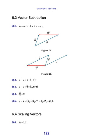 CHAPTER 6. VECTORS
122
6.3 Vector Subtraction
=
561. î
ì
ï
r
r
r
−
= =áÑ= ì
ï
î
r
r
r
=
+ K=
=
=
=
Figure 79.
=
== =
=
Figure 80.
=
562. ( )
î
ì
î
ì
r
r
r
r
−
+
=
− =
=
563. ( )
M
I
M
I
M
M
ì
ì =
=
−
r
r
r
=
=
564. M
M =
r
=
=
565. ( )
O
N
O
N
O
N w
w
I
v
v
I
u
u
î
ì −
−
−
=
−
r
r
I==
=
=
=
6.4 Scaling Vectors
=
566. ì
ï
r
r
λ
= =
 