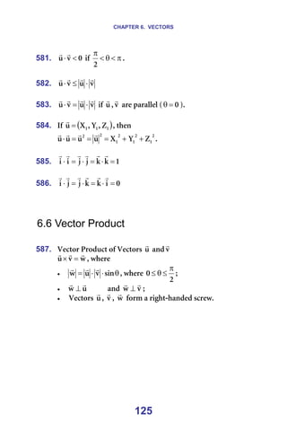 CHAPTER 6. VECTORS
125
581. M
î
ì <
⋅
r
r
=áÑ= π
<
θ
<
π
O
K=
=
582. î
ì
î
ì
r
r
r
r
⋅
≤
⋅ =
=
583. î
ì
î
ì
r
r
r
r
⋅
=
⋅ =áÑ=ì
r
I î
r
=~êÉ=é~ê~ääÉä=E M
=
θ FK=
=
584. fÑ= ( )
N
N
N w
I
v
I
u
ì =
r
I=íÜÉå==
O
N
O
N
O
N
O
O
w
v
u
ì
ì
ì
ì +
+
=
=
=
⋅
r
r
r
r
K=
=
585. N
â
â
à
à
á
á =
⋅
=
⋅
=
⋅
r
r
r
r
r
r
=
=
586. M
á
â
â
à
à
á =
⋅
=
⋅
=
⋅
r
r
r
r
r
r
=
=
=
=
6.6 Vector Product
=
587. sÉÅíçê=mêçÇìÅí=çÑ=sÉÅíçêë=ì
r
=~åÇ î
r
=
ï
î
ì
r
r
r
=
× I=ïÜÉêÉ==
• θ
⋅
⋅
= ëáå
î
ì
ï
r
r
r
I=ïÜÉêÉ=
O
M
π
≤
θ
≤ X=
• ì
ï
r
r
⊥ = ~åÇ= î
ï
r
r
⊥ X=
• =sÉÅíçêë=ì
r
I= î
r
I= ï
r
=Ñçêã=~=êáÖÜí-Ü~åÇÉÇ=ëÅêÉïK=
=
 
