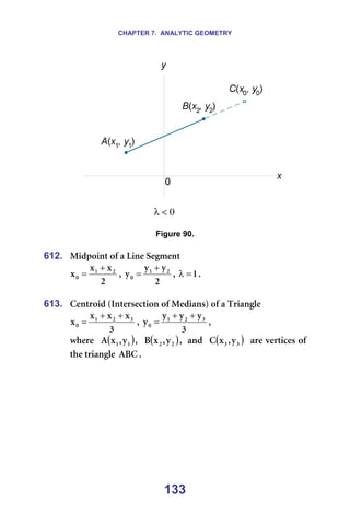 CHAPTER 7. ANALYTIC GEOMETRY
133
======= =
=
Figure 90.
=
612. jáÇéçáåí=çÑ=~=iáåÉ=pÉÖãÉåí=
O
ñ
ñ
ñ O
N
M
+
= I=
O
ó
ó
ó O
N
M
+
= I= N
=
λ K=
=
613. `ÉåíêçáÇ=EfåíÉêëÉÅíáçå=çÑ=jÉÇá~åëF=çÑ=~=qêá~åÖäÉ=
P
ñ
ñ
ñ
ñ P
O
N
M
+
+
= I=
P
ó
ó
ó
ó P
O
N
M
+
+
= I==
ïÜÉêÉ== ( )
N
N ó
I
ñ
^ I== ( )
O
O ó
I
ñ
_ I==~åÇ== ( )
P
P ó
I
ñ
` ==~êÉ=îÉêíáÅÉë=çÑ=
íÜÉ=íêá~åÖäÉ= ^_` K= =
=
 