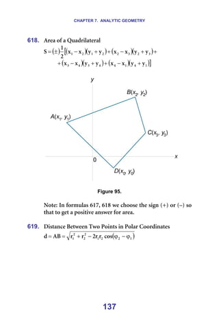 CHAPTER 7. ANALYTIC GEOMETRY
137
618. ^êÉ~=çÑ=~=nì~Çêáä~íÉê~ä=
( ) ( )( ) ( )( )
[ +
+
−
+
+
−
±
= P
O
P
O
O
N
O
N ó
ó
ñ
ñ
ó
ó
ñ
ñ
O
N
p =
( )( ) ( )( )]
N
Q
N
Q
Q
P
Q
P ó
ó
ñ
ñ
ó
ó
ñ
ñ +
−
+
+
−
+ =
=
=== =
=
Figure 95.
=
kçíÉW=få=Ñçêãìä~ë=SNTI=SNU=ïÉ=ÅÜççëÉ=íÜÉ=ëáÖå=EHF=çê=E¥F=ëç=
íÜ~í=íç=ÖÉí=~=éçëáíáîÉ=~åëïÉê=Ñçê=~êÉ~K==
=
619. aáëí~åÅÉ=_ÉíïÉÉå=qïç=mçáåíë=áå=mçä~ê=`ççêÇáå~íÉë=
( )
N
O
O
N
O
O
O
N Åçë
ê
ê
O
ê
ê
^_
Ç ϕ
−
ϕ
−
+
=
= =
=
 