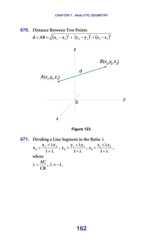 CHAPTER 7. ANALYTIC GEOMETRY
162
670. aáëí~åÅÉ=_ÉíïÉÉå=qïç=mçáåíë=
( ) ( ) ( )O
N
O
O
N
O
O
N
O ò
ò
ó
ó
ñ
ñ
^_
Ç −
+
−
+
−
=
= =
=
=== =
=
Figure 123.
=
671. aáîáÇáåÖ=~=iáåÉ=pÉÖãÉåí=áå=íÜÉ=o~íáç=λ =
λ
+
λ
+
=
N
ñ
ñ
ñ O
N
M I=
λ
+
λ
+
=
N
ó
ó
ó O
N
M I=
λ
+
λ
+
=
N
ò
ò
ò O
N
M I==
ïÜÉêÉ=
`_
^`
=
λ I= N
−
≠
λ K=
=
 