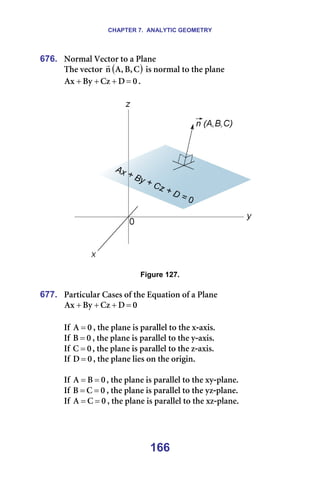 CHAPTER 7. ANALYTIC GEOMETRY
166
676. kçêã~ä=sÉÅíçê=íç=~=mä~åÉ=
qÜÉ=îÉÅíçê= ( )
`
I
_
I
^
å
r
=áë=åçêã~ä=íç=íÜÉ=éä~åÉ=
M
a
`ò
_ó
^ñ =
+
+
+ K=
=
=== =
=
Figure 127.
=
677. m~êíáÅìä~ê=`~ëÉë=çÑ=íÜÉ=bèì~íáçå=çÑ=~=mä~åÉ=
M
a
`ò
_ó
^ñ =
+
+
+ =
=
fÑ= M
^ = I=íÜÉ=éä~åÉ=áë=é~ê~ääÉä=íç=íÜÉ=ñ-~ñáëK=
fÑ= M
_ = I=íÜÉ=éä~åÉ=áë=é~ê~ääÉä=íç=íÜÉ=ó-~ñáëK=
fÑ= M
` = I=íÜÉ=éä~åÉ=áë=é~ê~ääÉä=íç=íÜÉ=ò-~ñáëK=
fÑ= M
a = I=íÜÉ=éä~åÉ=äáÉë=çå=íÜÉ=çêáÖáåK==
=
fÑ= M
_
^ =
= I=íÜÉ=éä~åÉ=áë=é~ê~ääÉä=íç=íÜÉ=ñó-éä~åÉK=
fÑ= M
`
_ =
= I=íÜÉ=éä~åÉ=áë=é~ê~ääÉä=íç=íÜÉ=óò-éä~åÉK=
fÑ= M
`
^ =
= I=íÜÉ=éä~åÉ=áë=é~ê~ääÉä=íç=íÜÉ=ñò-éä~åÉK=
=
 