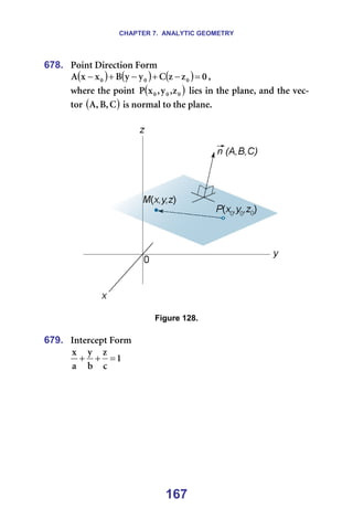 CHAPTER 7. ANALYTIC GEOMETRY
167
678. mçáåí=aáêÉÅíáçå=cçêã=
( ) ( ) ( ) M
ò
ò
`
ó
ó
_
ñ
ñ
^ M
M
M =
−
+
−
+
− I==
ïÜÉêÉ=íÜÉ=éçáåí= ( )
M
M
M ò
I
ó
I
ñ
m =äáÉë=áå=íÜÉ=éä~åÉI=~åÇ=íÜÉ=îÉÅ-
íçê=( )
`
I
_
I
^ =áë=åçêã~ä=íç=íÜÉ=éä~åÉK===
=
==== =
=
Figure 128.
=
679. fåíÉêÅÉéí=cçêã=
N
Å
ò
Ä
ó
~
ñ
=
+
+ =
=
 