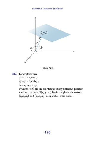 CHAPTER 7. ANALYTIC GEOMETRY
170
====== =
=
Figure 131.
=
682. m~ê~ãÉíêáÅ=cçêã=





+
+
=
+
+
=
+
+
=
í
Å
ë
Å
ò
ò
í
Ä
ë
Ä
ó
ó
í
~
ë
~
ñ
ñ
O
N
N
O
N
N
O
N
N
I==
ïÜÉêÉ=( )
ò
I
ó
I
ñ =~êÉ=íÜÉ=ÅççêÇáå~íÉë=çÑ=~åó=ìåâåçïå=éçáåí=çå=
íÜÉ=äáåÉ=I=íÜÉ=éçáåí= ( )
N
N
N ò
I
ó
I
ñ
m =äáÉë=áå=íÜÉ=éä~åÉI=íÜÉ=îÉÅíçêë=
( )
N
N
N Å
I
Ä
I
~ =~åÇ=( )
O
O
O Å
I
Ä
I
~ =~êÉ=é~ê~ääÉä=íç=íÜÉ=éä~åÉK=
=
 