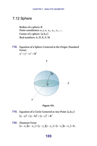 CHAPTER 7. ANALYTIC GEOMETRY
189
7.12 Sphere
=
o~Çáìë=çÑ=~=ëéÜÉêÉW=o=
mçáåí=ÅççêÇáå~íÉëW=ñI=óI=òI= N
ñ I= N
ó I= N
ò I=£=
`ÉåíÉê=çÑ=~=ëéÜÉêÉW=( )
Å
I
Ä
I
~ =
oÉ~ä=åìãÄÉêëW=^I=aI=bI=cI=j=
=
=
718. bèì~íáçå=çÑ=~=péÜÉêÉ=`ÉåíÉêÉÇ=~í=íÜÉ=lêáÖáå=Epí~åÇ~êÇ=
cçêãF=
O
O
O
O
o
ò
ó
ñ =
+
+ =
=
====== =
=
Figure 151.
=
719. bèì~íáçå=çÑ=~=`áêÅäÉ=`ÉåíÉêÉÇ=~í=^åó=mçáåí=( )
Å
I
Ä
I
~
( ) ( ) ( ) O
O
O
O
o
Å
ò
Ä
ó
~
ñ =
−
+
−
+
−
720. aá~ãÉíÉê=cçêã
( )( ) ( )( ) ( )( ) M
ò
ò
ò
ò
ó
ó
ó
ó
ñ
ñ
ñ
ñ O
N
O
N
O
N =
−
−
+
−
−
+
−
− I==
 
