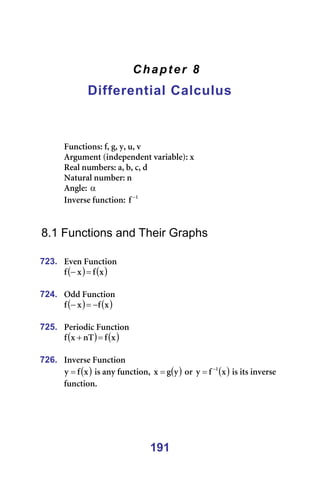 191
Chapter 8
Differential Calculus
=
=
=
=
cìåÅíáçåëW=ÑI=ÖI=óI=ìI=î=
^êÖìãÉåí=EáåÇÉéÉåÇÉåí=î~êá~ÄäÉFW=ñ=
oÉ~ä=åìãÄÉêëW=~I=ÄI=ÅI=Ç=
k~íìê~ä=åìãÄÉêW=å=
^åÖäÉW=α=
fåîÉêëÉ=ÑìåÅíáçåW= N
Ñ −
=
=
=
8.1 Functions and Their Graphs
=
723. bîÉå=cìåÅíáçå=
( ) ( )
ñ
Ñ
ñ
Ñ =
− =
=
724. lÇÇ=cìåÅíáçå=
( ) ( )
ñ
Ñ
ñ
Ñ −
=
− =
=
725. mÉêáçÇáÅ=cìåÅíáçå=
( ) ( )
ñ
Ñ
åq
ñ
Ñ =
+ =
=
726. fåîÉêëÉ=cìåÅíáçå=
( )
ñ
Ñ
ó = =áë=~åó=ÑìåÅíáçåI= ( )
ó
Ö
ñ = =çê= ( )
ñ
Ñ
ó N
−
= =áë=áíë=áåîÉêëÉ=
ÑìåÅíáçåK==
=
 