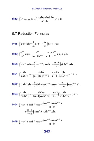 CHAPTER 9. INTEGRAL CALCULUS
243
1017. `
É
Ä
~
Äñ
ëáå
Ä
Äñ
Åçë
~
Çñ
Äñ
Åçë
É ~ñ
O
O
~ñ
+
+
+
=
∫ =
=
=
=
9.7 Reduction Formulas
=
1018. ∫
∫
−
−
= Çñ
É
ñ
ã
å
É
ñ
ã
N
Çñ
É
ñ ãñ
N
å
ãñ
å
ãñ
å
=
=
1019.
( ) ∫
∫ −
−
−
+
−
−
= Çñ
ñ
É
N
å
ã
ñ
N
å
É
Çñ
ñ
É
N
å
ãñ
N
å
ãñ
å
ãñ
I= N
å ≠ K=
=
1020. ∫
∫
−
− −
−
= ñÇñ
ëáåÜ
å
N
å
ñ
ÅçëÜ
ñ
ëáåÜ
å
N
ñÇñ
ëáåÜ O
å
N
å
å
=
=
1021.
( ) ∫
∫ −
−
−
−
−
−
−
=
ñ
ëáåÜ
Çñ
N
å
O
å
ñ
ëáåÜ
N
å
ñ
ÅçëÜ
ñ
ëáåÜ
Çñ
O
å
N
å
å
I= N
å ≠ K=
=
1022. ∫
∫
−
− −
+
= ñÇñ
ÅçëÜ
å
N
å
ñ
ÅçëÜ
ñ
ÅçëÜ
ñ
ëáåÜ
å
N
ñÇñ
ÅçëÜ O
å
N
å
å
=
=
1023.
( ) ∫
∫ −
−
−
−
+
−
−
=
ñ
ÅçëÜ
Çñ
N
å
O
å
ñ
ÅçëÜ
N
å
ñ
ëáåÜ
ñ
ÅçëÜ
Çñ
O
å
N
å
å
I= N
å ≠ K=
=
1024.
ã
å
ñ
ÅçëÜ
ñ
ëáåÜ
ñÇñ
ÅçëÜ
ñ
ëáåÜ
N
ã
N
å
ã
å
+
=
−
+
∫ =
∫
−
+
−
+ ñÇñ
ÅçëÜ
ñ
ëáåÜ
ã
å
N
ã O
ã
å
=
=
1025.
ã
å
ñ
ÅçëÜ
ñ
ëáåÜ
ñÇñ
ÅçëÜ
ñ
ëáåÜ
N
ã
N
å
ã
å
+
=
+
−
∫ =
 