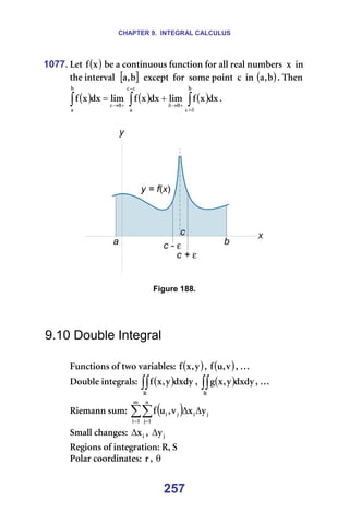 CHAPTER 9. INTEGRAL CALCULUS
257
1077. iÉí= ( )
ñ
Ñ =ÄÉ=~=Åçåíáåìçìë=ÑìåÅíáçå=Ñçê=~ää=êÉ~ä=åìãÄÉêë==ñ==áå=
íÜÉ=áåíÉêî~ä==[ ]
Ä
I
~ ==ÉñÅÉéí==Ñçê==ëçãÉ=éçáåí==Å==áå=( )
Ä
I
~ K=qÜÉå=
( ) ( ) ( )
∫
∫
∫ δ
+
+
→
δ
ε
−
+
→
ε
+
=
Ä
Å
M
Å
~
M
Ä
~
Çñ
ñ
Ñ
äáã
Çñ
ñ
Ñ
äáã
Çñ
ñ
Ñ K=
=
=
=
Figure 188.
=
=
=
9.10 Double Integral
=
cìåÅíáçåë=çÑ=íïç=î~êá~ÄäÉëW= ( )
ó
I
ñ
Ñ I= ( )
î
I
ì
Ñ I=£=
açìÄäÉ=áåíÉÖê~äëW= ( )
∫∫
o
ÇñÇó
ó
I
ñ
Ñ I= ( )
∫∫
o
ÇñÇó
ó
I
ñ
Ö I=£=
oáÉã~åå=ëìãW= ( )
∑∑
= =
∆
∆
ã
N
á
å
N
à
à
á
à
á ó
ñ
î
I
ì
Ñ =
pã~ää=ÅÜ~åÖÉëW= á
ñ
∆ I= à
ó
∆ =
oÉÖáçåë=çÑ=áåíÉÖê~íáçåW=oI=p==
mçä~ê=ÅççêÇáå~íÉëW=êI=θ =
 