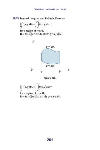 CHAPTER 9. INTEGRAL CALCULUS
261
1085. fíÉê~íÉÇ=fåíÉÖê~äë=~åÇ=cìÄáåá∞ë=qÜÉçêÉã=
( ) ( )
( )
( )
∫ ∫
∫∫ =
Ä
~
ñ
è
ñ
é
o
ÇóÇñ
ó
I
ñ
Ñ
Ç^
ó
I
ñ
Ñ ==
Ñçê=~=êÉÖáçå=çÑ=íóéÉ=fI==
( ) ( ) ( )
{ }
ñ
è
ó
ñ
é
I
Ä
ñ
~
ö
ó
I
ñ
o ≤
≤
≤
≤
= K=
=
=
=
Figure 193.
=
( ) ( )
( )
( )
∫ ∫
∫∫ =
Ç
Å
ó
î
ó
ì
o
ÇñÇó
ó
I
ñ
Ñ
Ç^
ó
I
ñ
Ñ ==
Ñçê=~=êÉÖáçå=çÑ=íóéÉ=ffI=
( ) ( ) ( )
{ }
Ç
ó
Å
I
ó
î
ñ
ó
ì
ö
ó
I
ñ
o ≤
≤
≤
≤
= K=
=
 