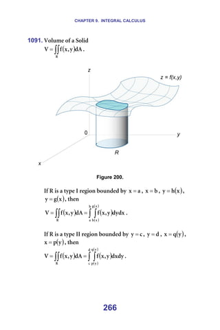 CHAPTER 9. INTEGRAL CALCULUS
266
1091. sçäìãÉ=çÑ=~=pçäáÇ=
( )
∫∫
=
o
Ç^
ó
I
ñ
Ñ
s K==
=
=
=
Figure 200.
=
fÑ=o=áë=~=íóéÉ=f=êÉÖáçå=ÄçìåÇÉÇ=Äó= ~
ñ = I= Ä
ñ = I= ( )
ñ
Ü
ó = I=
( )
ñ
Ö
ó = I=íÜÉå==
( ) ( )
( )
( )
∫ ∫
∫∫ =
=
Ä
~
ñ
Ö
ñ
Ü
o
ÇóÇñ
ó
I
ñ
Ñ
Ç^
ó
I
ñ
Ñ
s K==
=
fÑ=o=áë=~=íóéÉ=ff=êÉÖáçå=ÄçìåÇÉÇ=Äó= Å
ó = I= Ç
ó = I= ( )
ó
è
ñ = I=
( )
ó
é
ñ = I=íÜÉå=
( ) ( )
( )
( )
∫ ∫
∫∫ =
=
Ç
Å
ó
è
ó
é
o
ÇñÇó
ó
I
ñ
Ñ
Ç^
ó
I
ñ
Ñ
s K==
=
 