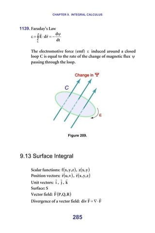 CHAPTER 9. INTEGRAL CALCULUS
285
1139. c~ê~Ç~ó∞ë=i~ï=
Çí
Ç
ê
Ç
b
`
ψ
−
=
⋅
=
ε ∫
r
r
=
=
qÜÉ=ÉäÉÅíêçãçíáîÉ=ÑçêÅÉ=EÉãÑF= ε =áåÇìÅÉÇ=~êçìåÇ=~=ÅäçëÉÇ=
äççé=`=áë=Éèì~ä=íç=íÜÉ=ê~íÉ=çÑ=íÜÉ=ÅÜ~åÖÉ=çÑ=ã~ÖåÉíáÅ=Ñäìñ= ψ =
é~ëëáåÖ=íÜêçìÖÜ=íÜÉ=äççéK===
=
=
=
Figure 209.
=
=
=
9.13 Surface Integral
=
pÅ~ä~ê=ÑìåÅíáçåëW= ( )
ò
I
ó
I
ñ
Ñ I= ( )
ó
I
ñ
ò =
mçëáíáçå=îÉÅíçêëW= ( )
î
I
ì
ê
r
I= ( )
ò
I
ó
I
ñ
ê
r
=
råáí=îÉÅíçêëW= á
r
I= à
r
I=â
r
=
pìêÑ~ÅÉW=p=
sÉÅíçê=ÑáÉäÇW= ( )
o
I
n
I
m
c
r
=
aáîÉêÖÉåÅÉ=çÑ=~=îÉÅíçê=ÑáÉäÇW= c
c
Çáî
r
r
⋅
∇
= =
 
