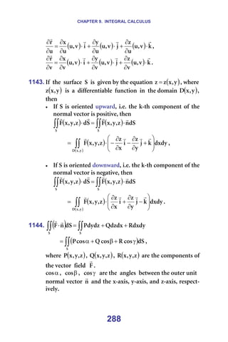 CHAPTER 9. INTEGRAL CALCULUS
288
( ) ( ) ( ) â
î
I
ì
ì
ò
à
î
I
ì
ì
ó
á
î
I
ì
ì
ñ
ì
ê r
r
r
r
⋅
∂
∂
+
⋅
∂
∂
+
⋅
∂
∂
=
∂
∂
I==
( ) ( ) ( ) â
î
I
ì
î
ò
à
î
I
ì
î
ó
á
î
I
ì
î
ñ
î
ê r
r
r
r
⋅
∂
∂
+
⋅
∂
∂
+
⋅
∂
∂
=
∂
∂
K==
=
1143. fÑ==íÜÉ==ëìêÑ~ÅÉ==p==áë==ÖáîÉå=Äó=íÜÉ=Éèì~íáçå= ( )
ó
I
ñ
ò
ò = I=ïÜÉêÉ=
( )
ó
I
ñ
ò ==áë==~==ÇáÑÑÉêÉåíá~ÄäÉ==ÑìåÅíáçå==áå==íÜÉ=Ççã~áå= ( )
ó
I
ñ
a I=
íÜÉå==
• fÑ=p=áë=çêáÉåíÉÇ=ìéï~êÇI=áKÉK=íÜÉ=â-íÜ=ÅçãéçåÉåí=çÑ=íÜÉ=
åçêã~ä=îÉÅíçê=áë=éçëáíáîÉI=íÜÉå===
===== ( ) ( )
∫∫
∫∫ ⋅
=
⋅
p
p
Çp
å
ò
I
ó
I
ñ
c
p
Ç
ò
I
ó
I
ñ
c
r
r
r
r
=
====== ( )
( )
∫∫ 







+
∂
∂
−
∂
∂
−
⋅
=
ó
I
ñ
a
ÇñÇó
â
à
ó
ò
á
ñ
ò
ò
I
ó
I
ñ
c
r
r
r
r
I==
=
• fÑ=p=áë=çêáÉåíÉÇ=Ççïåï~êÇI=áKÉK=íÜÉ=â-íÜ=ÅçãéçåÉåí=çÑ=íÜÉ=
åçêã~ä=îÉÅíçê=áë=åÉÖ~íáîÉI=íÜÉå===
===== ( ) ( )
∫∫
∫∫ ⋅
=
⋅
p
p
Çp
å
ò
I
ó
I
ñ
c
p
Ç
ò
I
ó
I
ñ
c
r
r
r
r
====== ( )
( )
∫∫ 







−
∂
∂
+
∂
∂
⋅
=
ó
I
ñ
a
ÇñÇó
â
à
ó
ò
á
ñ
ò
ò
I
ó
I
ñ
c
r
r
r
r
K==
=
1144. ( ) ∫∫
∫∫ +
+
=
⋅
p
p
oÇñÇó
nÇòÇñ
mÇóÇò
Çp
å
c
r
r
=
( )
∫∫ γ
+
β
+
α
=
p
Çp
Åçë
o
Åçë
n
Åçë
m I==
ïÜÉêÉ= ( )
ò
I
ó
I
ñ
m I= ( )
ò
I
ó
I
ñ
n I= ( )
ò
I
ó
I
ñ
o =~êÉ=íÜÉ=ÅçãéçåÉåíë=çÑ=
íÜÉ=îÉÅíçê= ÑáÉäÇ= c
r
K==
α
Åçë I= β
Åçë I= γ
Åçë ==~êÉ=íÜÉ= ~åÖäÉë= ÄÉíïÉÉå=íÜÉ=çìíÉê=ìåáí=
åçêã~ä=îÉÅíçê= å
r
=~åÇ=íÜÉ=ñ-~ñáëI=ó-~ñáëI=~åÇ=ò-~ñáëI=êÉëéÉÅí-
áîÉäóK=
=
 
