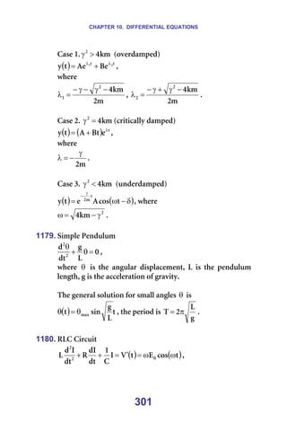CHAPTER 10. DIFFERENTIAL EQUATIONS
301
`~ëÉ=NK âã
Q
O
>
γ =EçîÉêÇ~ãéÉÇF=
( ) í
í O
N
_É
^É
í
ó λ
λ
+
= I==
ïÜÉêÉ==
ã
O
âã
Q
O
N
−
γ
−
γ
−
=
λ I=
ã
O
âã
Q
O
O
−
γ
+
γ
−
=
λ K==
=
`~ëÉ=OK= âã
Q
O
=
γ EÅêáíáÅ~ääó=Ç~ãéÉÇF=
( ) ( ) í
É
_í
^
í
ó λ
+
= I==
ïÜÉêÉ==
ã
O
γ
−
=
λ K=
=
`~ëÉ=PK= âã
Q
O
<
γ =EìåÇÉêÇ~ãéÉÇF==
( ) ( )
δ
−
ω
=
γ
−
í
Åçë
^
É
í
ó
í
ã
O
I=ïÜÉêÉ==
O
âã
Q γ
−
=
ω K==
=
1179. páãéäÉ=mÉåÇìäìã=
M
i
Ö
Çí
Ç
O
O
=
θ
+
θ
I=
ïÜÉêÉ= θ = áë= íÜÉ= ~åÖìä~ê= Çáëéä~ÅÉãÉåíI= i= áë= íÜÉ= éÉåÇìäìã=
äÉåÖíÜI=Ö=áë=íÜÉ=~ÅÅÉäÉê~íáçå=çÑ=Öê~îáíóK=
=
qÜÉ=ÖÉåÉê~ä=ëçäìíáçå=Ñçê=ëã~ää=~åÖäÉë=θ =áë==
( ) í
i
Ö
ëáå
í ã~ñ
θ
=
θ I=íÜÉ=éÉêáçÇ=áë=
Ö
i
O
q π
= K==
=
1180. oi`=`áêÅìáí=
( ) ( )
í
Åçë
b
í
s
f
`
N
Çí
Çf
o
Çí
f
Ç
i M
O
O
ω
ω
=
′
=
+
+ I=
 