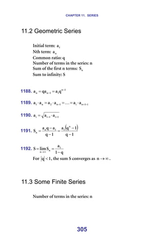 CHAPTER 11. SERIES
305
11.2 Geometric Series
=
fåáíá~ä=íÉêãW= N
~ =
kíÜ=íÉêãW= å
~ =
`çããçå=ê~íáçW=è=
kìãÄÉê=çÑ=íÉêãë=áå=íÜÉ=ëÉêáÉëW=å=
pìã=çÑ=íÜÉ=Ñáêëí=å=íÉêãëW= å
p =
pìã=íç=áåÑáåáíóW=p=
=
=
1188. N
å
N
N
å
å è
~
è~
~ −
− =
= =
=
1189. á
N
å
á
N
å
O
å
N ~
~
~
~
~
~ −
+
− ⋅
=
=
⋅
=
⋅ K =
=
1190. N
á
N
á
á ~
~
~ +
− ⋅
= =
=
1191.
( )
N
è
N
è
~
N
è
~
è
~
p
å
N
N
å
å
−
−
=
−
−
= =
=
1192.
è
N
~
p
äáã
p N
å
å −
=
=
∞
→
=
cçê= N
è < I=íÜÉ=ëìã=p=ÅçåîÉêÖÉë=~ë= ∞
→
å K=
=
=
=
11.3 Some Finite Series
=
kìãÄÉê=çÑ=íÉêãë=áå=íÜÉ=ëÉêáÉëW=å=
=
=
 