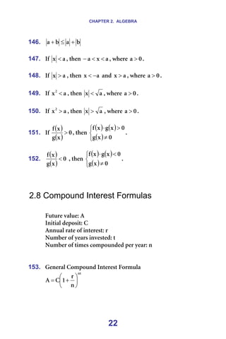 CHAPTER 2. ALGEBRA
22
146. Ä
~
Ä
~ +
≤
+ =
=
147. fÑ= ~
ñ < I=íÜÉå= ~
ñ
~ <
<
− I=ïÜÉêÉ= M
~ > K=
=
148. fÑ= ~
ñ > I=íÜÉå= ~
ñ −
< =~åÇ= ~
ñ > I=ïÜÉêÉ= M
~ > K=
=
149. fÑ= ~
ñO
< I=íÜÉå= ~
ñ < I=ïÜÉêÉ= M
~ > K=
=
150. fÑ= ~
ñO
> I=íÜÉå= ~
ñ > I=ïÜÉêÉ= M
~ > K=
=
151. fÑ=
( )
( )
M
ñ
Ö
ñ
Ñ
> I=íÜÉå=
( ) ( )
( )



≠
>
⋅
M
ñ
Ö
M
ñ
Ö
ñ
Ñ
K=
=
152.
( )
( )
M
ñ
Ö
ñ
Ñ
< I=íÜÉå=
( ) ( )
( )



≠
<
⋅
M
ñ
Ö
M
ñ
Ö
ñ
Ñ
K=
=
=
=
2.8 Compound Interest Formulas
=
cìíìêÉ=î~äìÉW=^=
fåáíá~ä=ÇÉéçëáíW=`=
^ååì~ä=ê~íÉ=çÑ=áåíÉêÉëíW=ê=
kìãÄÉê=çÑ=óÉ~êë=áåîÉëíÉÇW=í=
kìãÄÉê=çÑ=íáãÉë=ÅçãéçìåÇÉÇ=éÉê=óÉ~êW=å=
=
=
153. dÉåÉê~ä=`çãéçìåÇ=fåíÉêÉëí=cçêãìä~=
åí
å
ê
N
`
^ 





+
= =
=
 