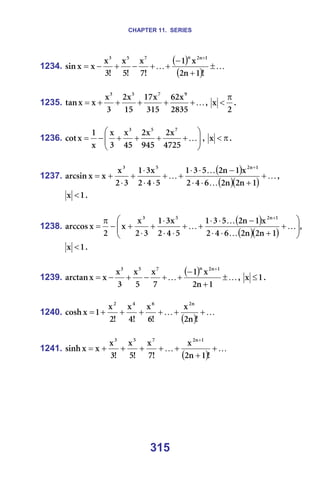CHAPTER 11. SERIES
315
1234.
( )
( )
K
K ±
+
−
+
+
−
+
−
=
+
>
N
å
O
ñ
N
>
T
ñ
>
R
ñ
>
P
ñ
ñ
ñ
ëáå
N
å
O
å
T
R
P
=
=
1235. K
+
+
+
+
+
=
OUPR
ñ
SO
PNR
ñ
NT
NR
ñ
O
P
ñ
ñ
ñ
í~å
V
T
R
P
I=
O
ñ
π
< K=
=
1236. 







+
+
+
+
−
= K
QTOR
ñ
O
VQR
ñ
O
QR
ñ
P
ñ
ñ
N
ñ
Åçí
T
R
P
I= π
<
ñ K=
=
1237.
( )
( )( )
K
K
K
K +
+
⋅
⋅
−
⋅
⋅
+
+
⋅
⋅
⋅
+
⋅
+
=
+
N
å
O
å
O
S
Q
O
ñ
N
å
O
R
P
N
R
Q
O
ñ
P
N
P
O
ñ
ñ
ñ
~êÅëáå
N
å
O
R
P
I=
N
ñ < K=
=
1238.
( )
( )( )
I
N
å
O
å
O
S
Q
O
ñ
N
å
O
R
P
N
R
Q
O
ñ
P
N
P
O
ñ
ñ
O
ñ
~êÅÅçë
N
å
O
R
P








+
+
⋅
⋅
−
⋅
⋅
+
+
⋅
⋅
⋅
+
⋅
+
−
π
=
+
K
K
K
K
N
ñ < K=
=
1239.
( ) K
K ±
+
−
+
+
−
+
−
=
+
N
å
O
ñ
N
T
ñ
R
ñ
P
ñ
ñ
ñ
~êÅí~å
N
å
O
å
T
R
P
I= N
ñ ≤ K=
=
1240.
( )
K
K +
+
+
+
+
+
=
>
å
O
ñ
>
S
ñ
>
Q
ñ
>
O
ñ
N
ñ
ÅçëÜ
å
O
S
Q
O
=
=
1241.
( )
K
K +
+
+
+
+
+
+
=
+
>
N
å
O
ñ
>
T
ñ
>
R
ñ
>
P
ñ
ñ
ñ
ëáåÜ
N
å
O
T
R
P
=
=
=
=
=
=
 